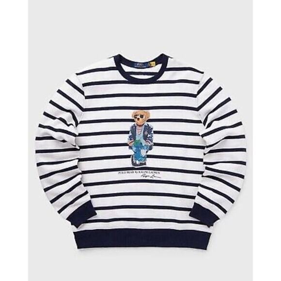 POLO RALPH LAUREN Men’s Navy Blue/White Polo Bear Striped Fleece Sweatshirt - Picture 1 of 16